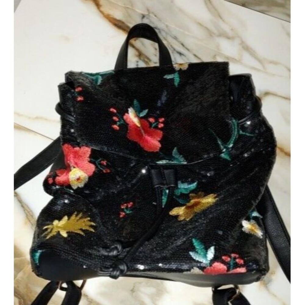 Beautiful Women's Unbranded Sequin Floral Black Backpack 12" X 7"